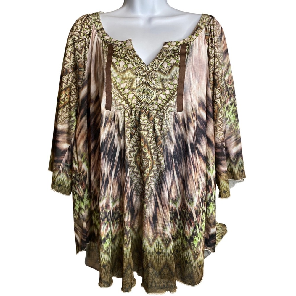 World Unity Art-Print Flowy Tunic Top 2X Boho Keyhole Lightweight Earth Tones‎